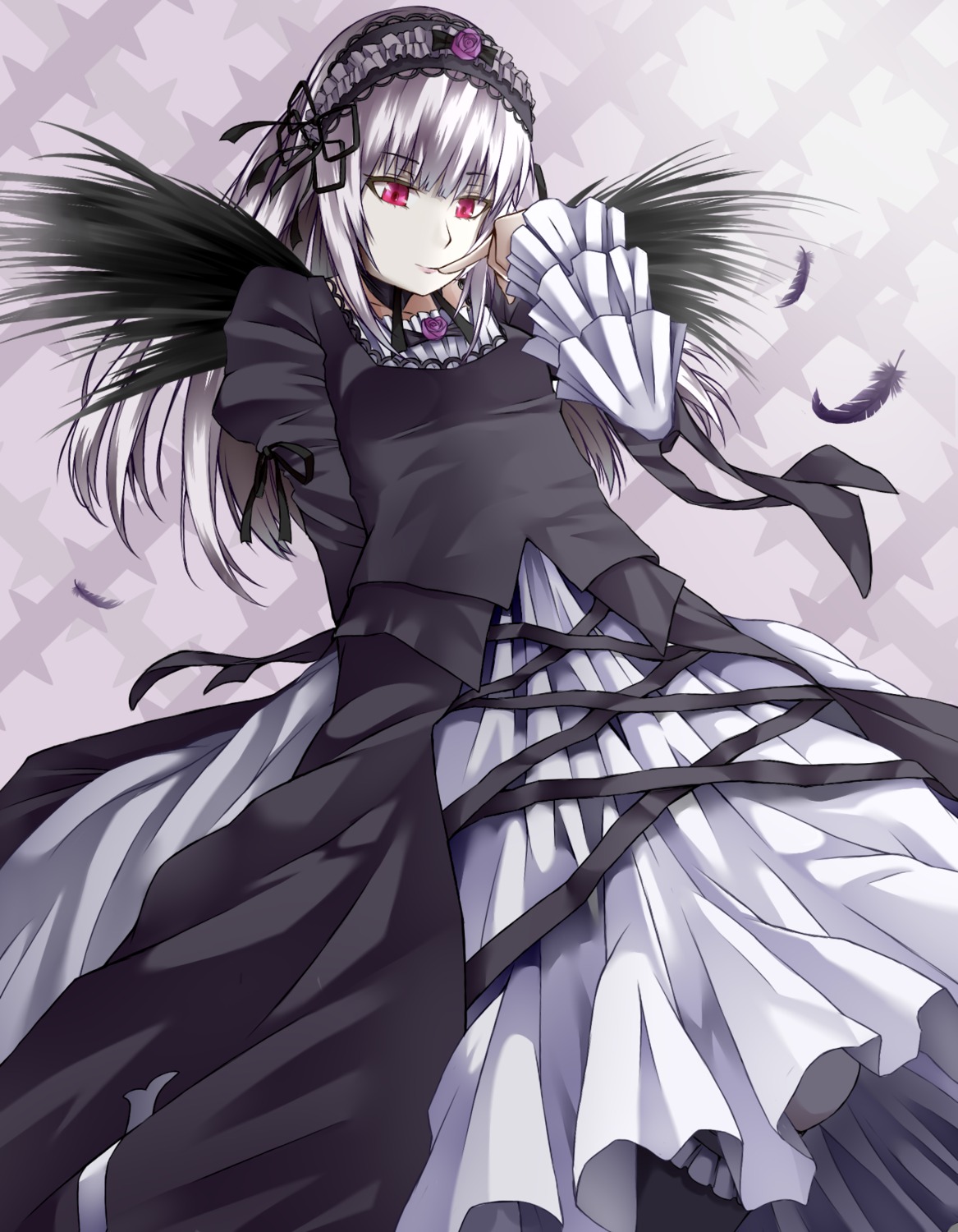 1girl bad_id bad_pixiv_id black_wings bobu_shingari bow dress feathers finger_to_mouth flower frills gothic_lolita hairband highres image juliet_sleeves lolita_fashion long_hair long_sleeves looking_at_viewer looking_down pink_eyes puffy_sleeves purple_background purple_flower purple_rose red_eyes ribbon rose rozen_maiden silver_hair solo suigintou wings