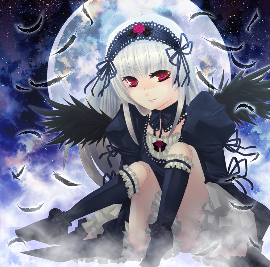 1girl bird black_feathers black_wings crow dove dress feathered_wings feathers flower frills hairband image long_hair long_sleeves looking_at_viewer night red_eyes ribbon rose silver_hair sky smile solo star_(sky) starry_sky suigintou wings