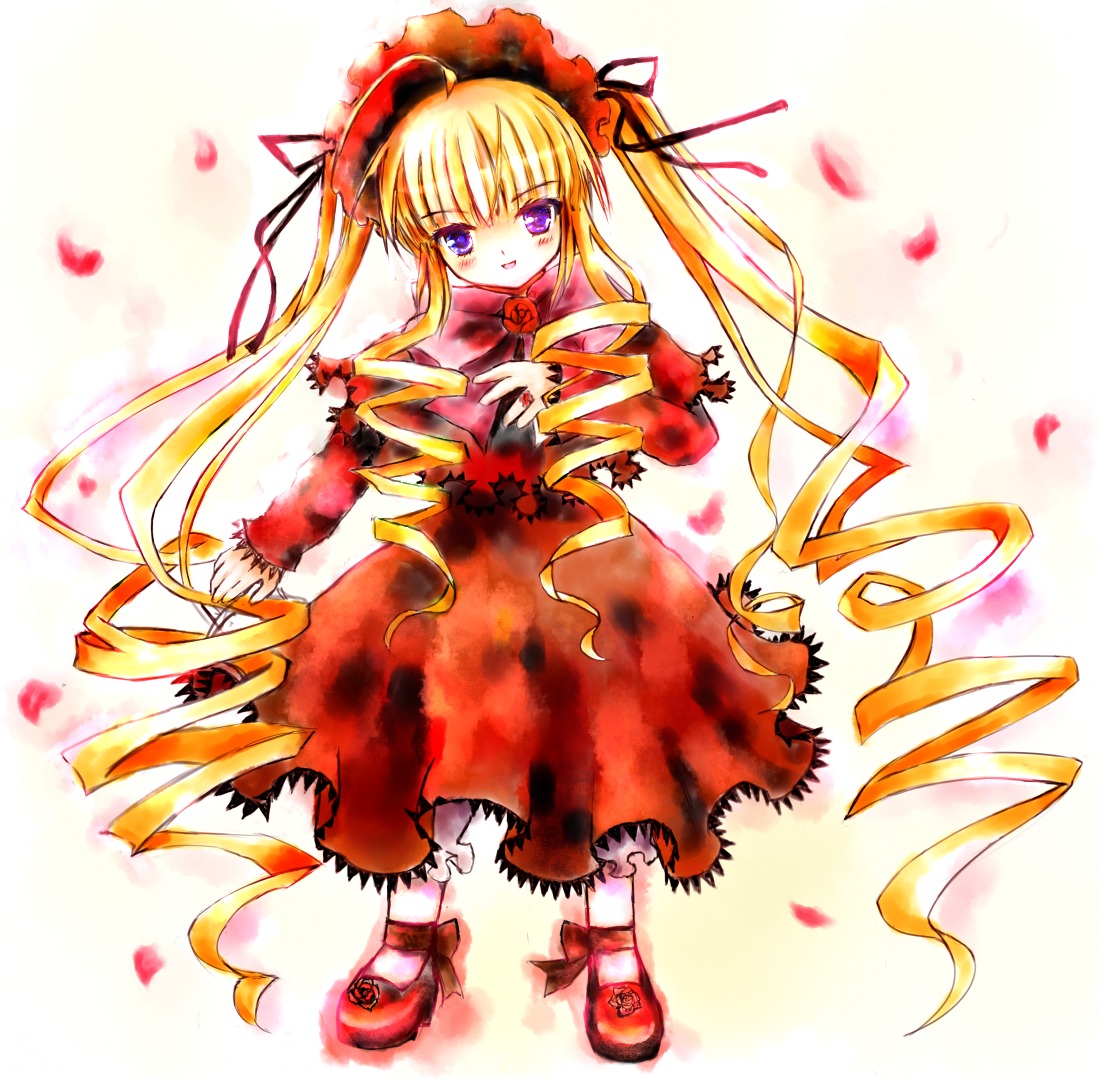 1girl blonde_hair bonnet bow capelet dress flower full_body hat image long_hair long_sleeves looking_at_viewer mary_janes petals red_dress rose rose_petals shinku shoes solo standing twintails very_long_hair white_legwear