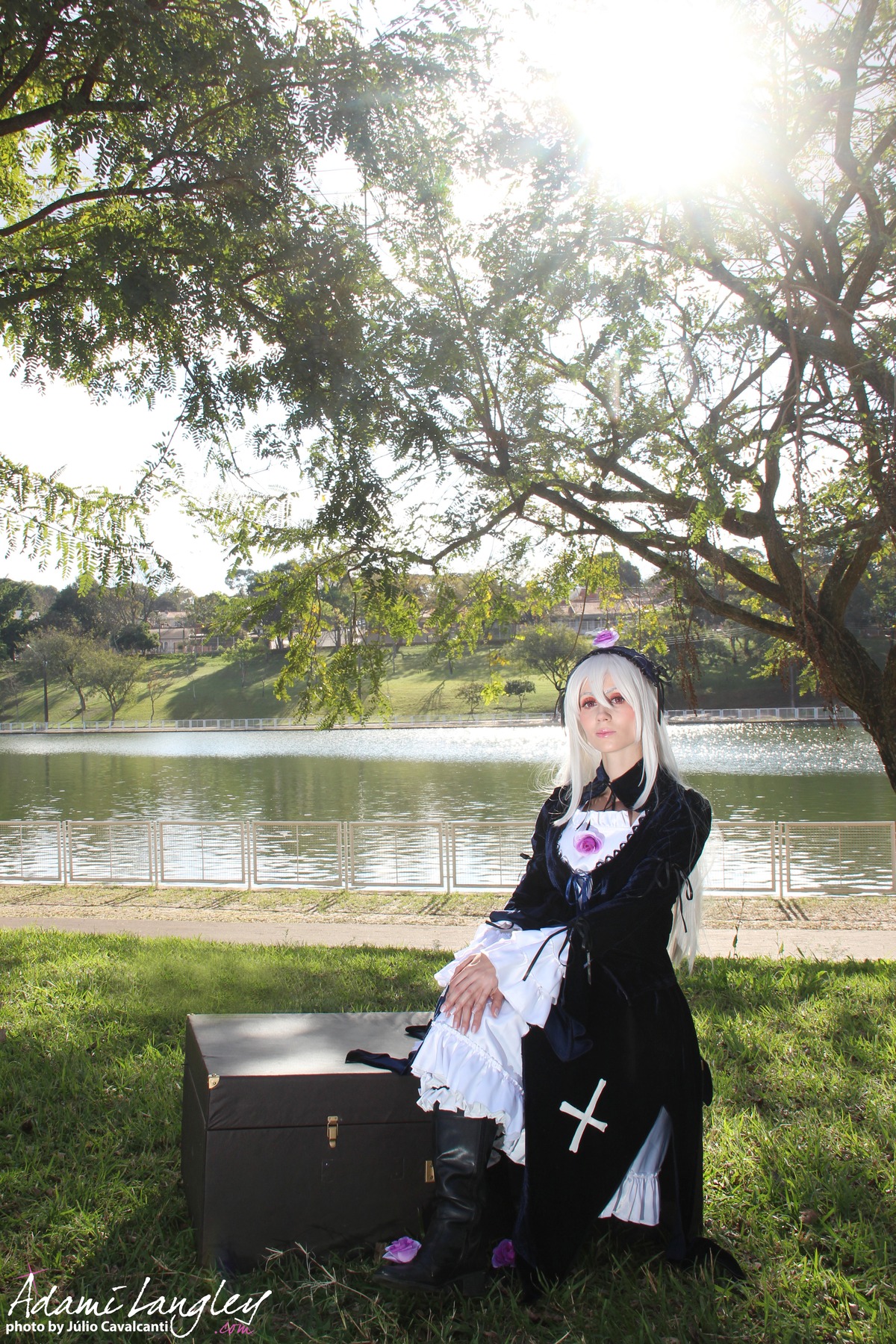 1girl day dress grass hat long_hair long_sleeves nurse_cap outdoors red_eyes solo suigintou sunlight tree