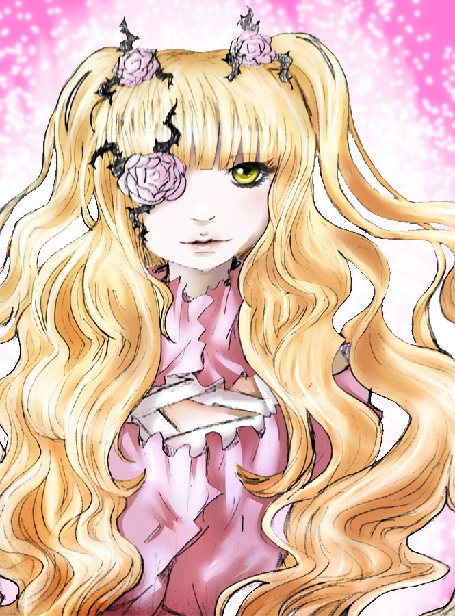 blonde_hair eyepatch flower hair_flower hair_ornament image kirakishou long_hair rose smile solo torn_clothes twintails very_long_hair wavy_hair yellow_eyes