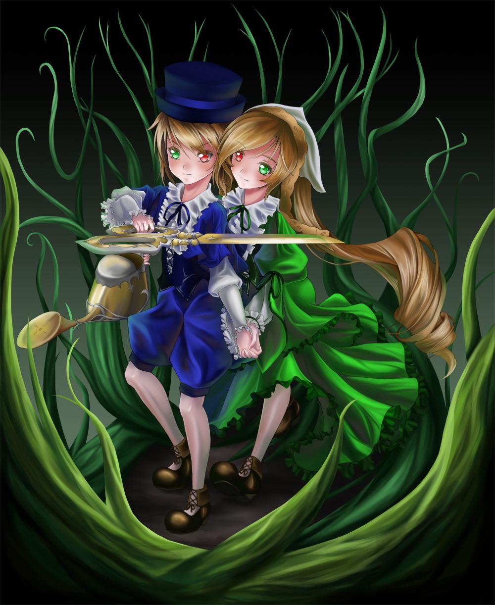 2girls blonde_hair blue_dress brown_hair dress frills green_eyes hat heterochromia image long_hair long_sleeves multiple_girls pair red_eyes ribbon scissors shoes short_hair siblings sisters smile souseiseki suiseiseki top_hat twins very_long_hair watering_can