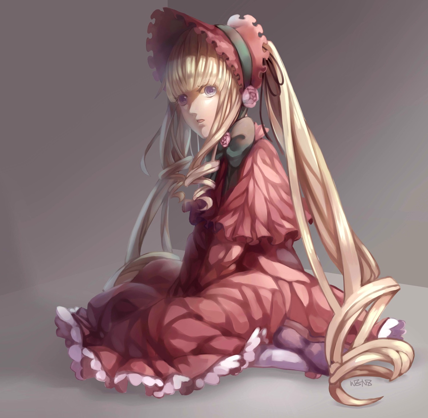 1girl blonde_hair bow dress drill_hair frills grey_background image long_hair long_sleeves looking_at_viewer red_dress shinku sitting solo twintails very_long_hair