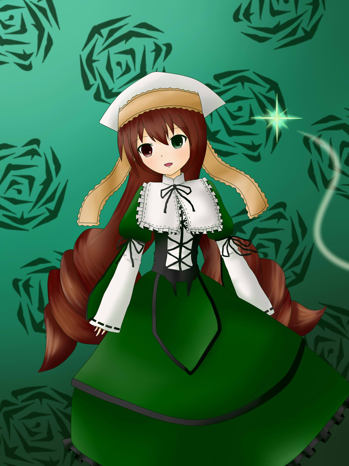 1girl brown_hair collar dress frills green_dress green_eyes hat heterochromia image long_hair long_sleeves looking_at_viewer open_mouth red_eyes simple_background solo standing suiseiseki twintails very_long_hair