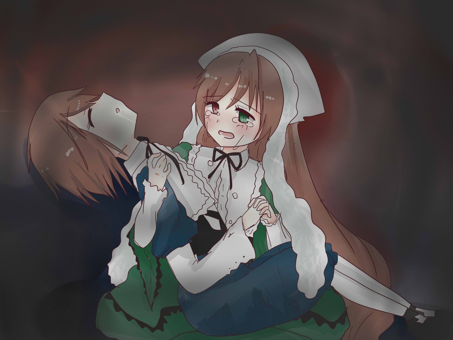 brown_hair closed_eyes crying dress green_dress green_eyes head_scarf heterochromia image long_hair long_sleeves multiple_girls open_mouth pair siblings sisters souseiseki suiseiseki tears twins very_long_hair