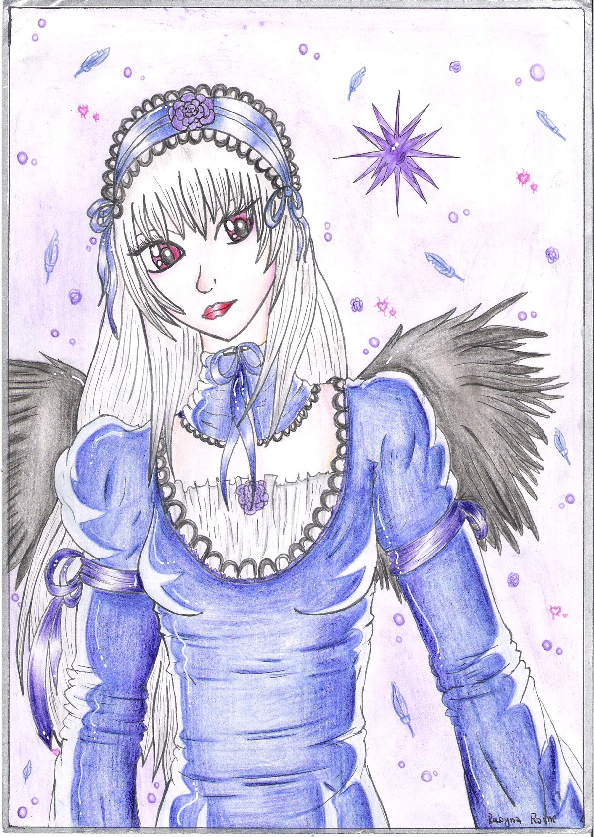 1girl black_wings colored_pencil_(medium) dress feathers flower frills hairband image lipstick long_hair long_sleeves looking_at_viewer makeup marker_(medium) petals photo puffy_sleeves rose shikishi solo suigintou traditional_media wings