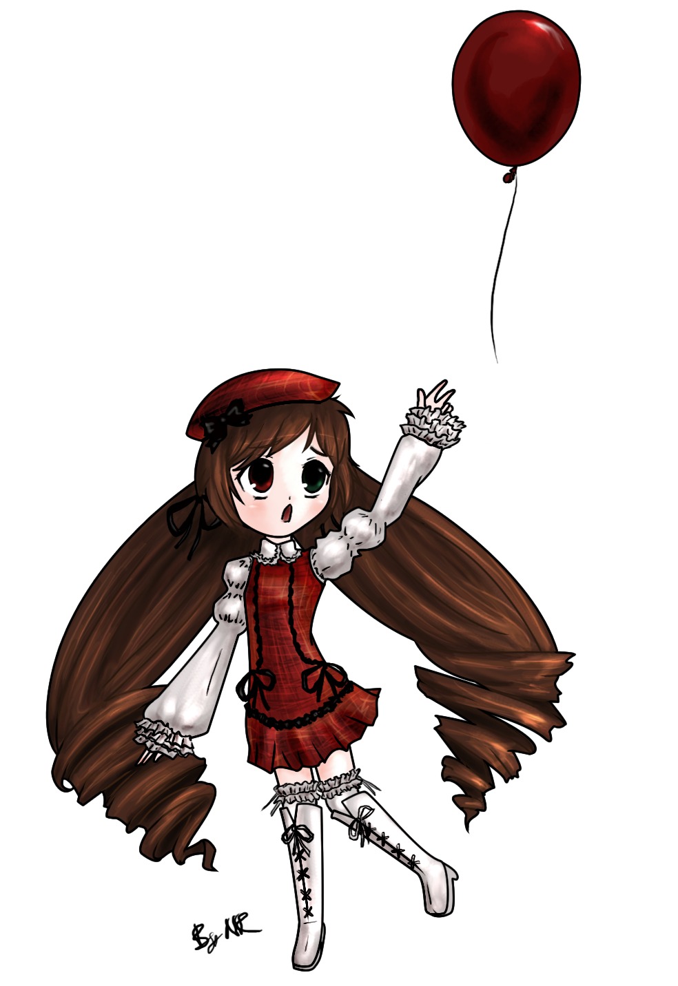 1girl balloon boots bow brown_hair cross-laced_footwear dress drill_hair full_body green_eyes hat heterochromia image long_hair long_sleeves red_dress solo standing suiseiseki twin_drills twintails very_long_hair