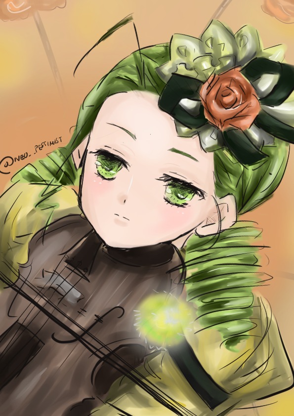 1girl closed_mouth drill_hair flower green_eyes green_hair hair_flower hair_ornament image kanaria long_hair looking_at_viewer rose solo twitter_username white_rose