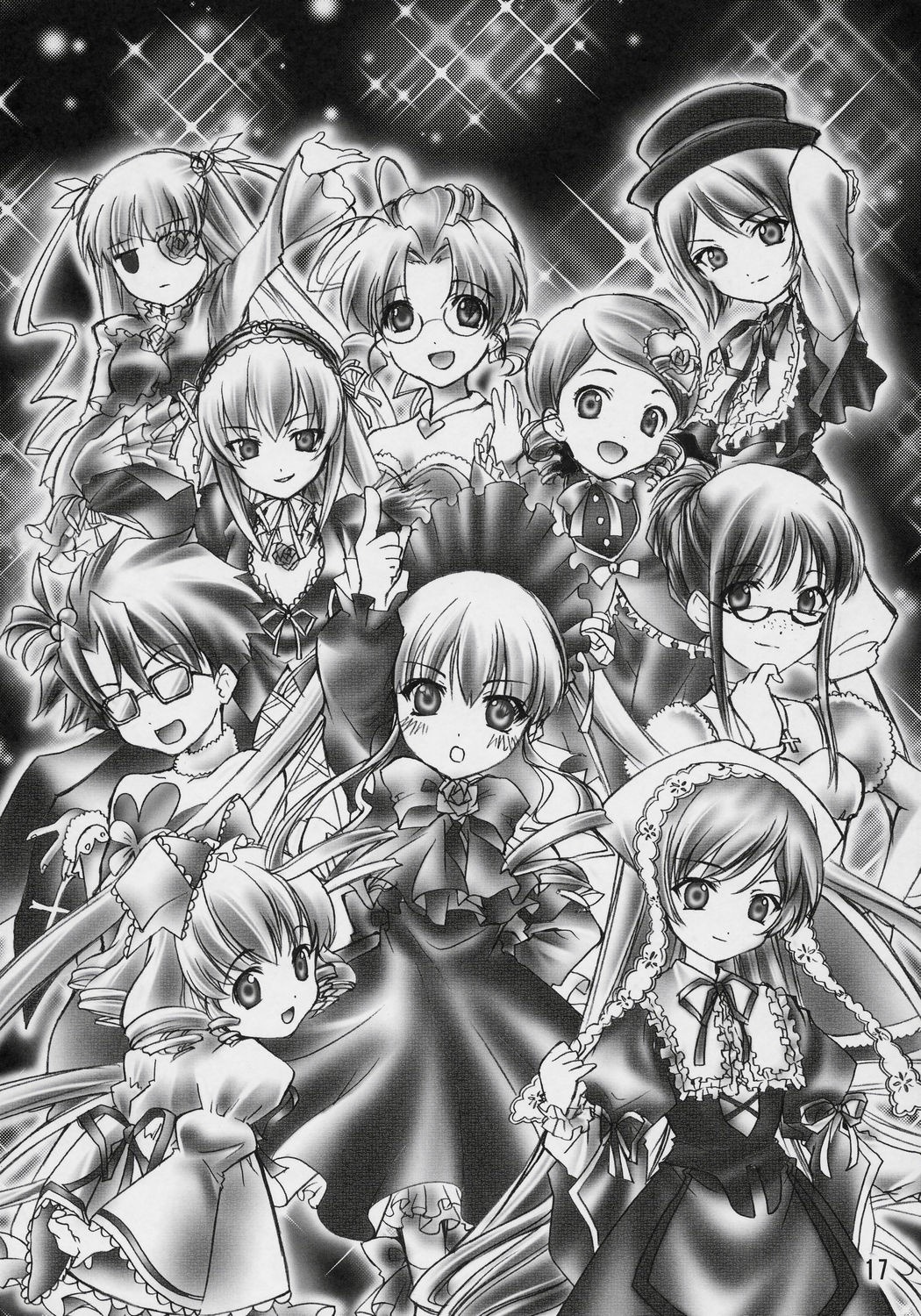 6+girls blush bow dress everyone glasses greyscale hat image kanaria long_hair long_sleeves looking_at_viewer monochrome multiple multiple_girls open_mouth shinku sisters smile suigintou suiseiseki tagme twintails