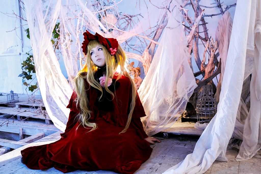 1girl blonde_hair blue_eyes dress flower long_hair red_dress shinku sitting solo very_long_hair