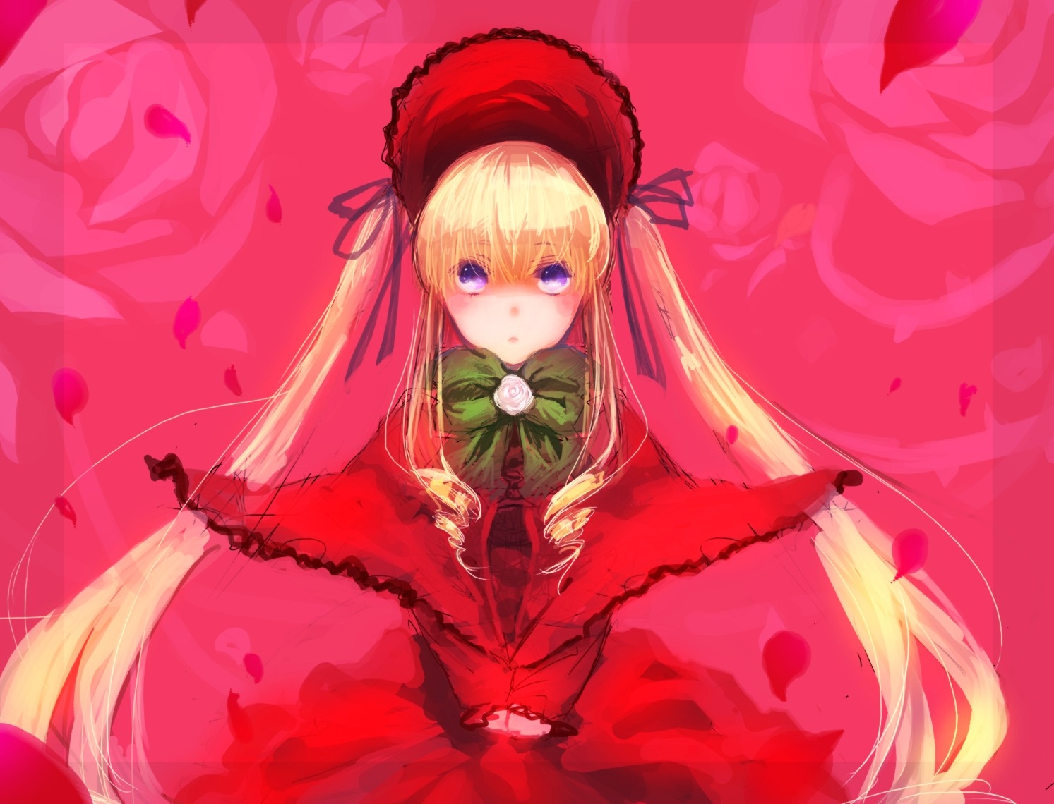1girl blonde_hair blue_eyes bow bowtie capelet dress flower green_bow green_neckwear image long_hair looking_at_viewer petals pink_background red_capelet rose rose_petals shinku solo twintails very_long_hair