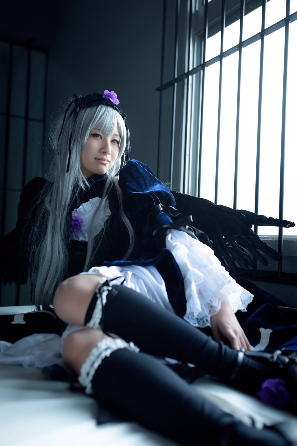 1girl black_legwear blue_eyes blurry depth_of_field dress flower frills gothic_lolita hairband kneehighs lolita_fashion long_hair long_sleeves rose silver_hair sitting solo suigintou