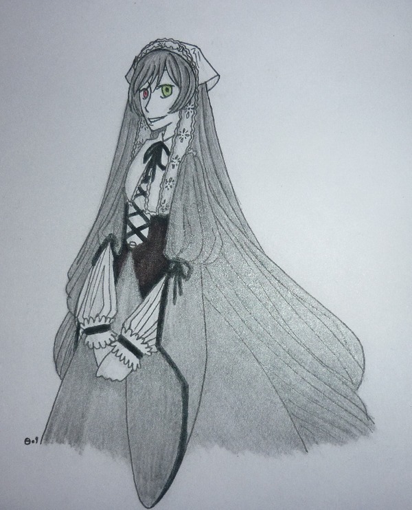 1girl dress frills green_eyes heterochromia image long_hair long_sleeves looking_at_viewer red_eyes ribbon solo standing suiseiseki traditional_media very_long_hair