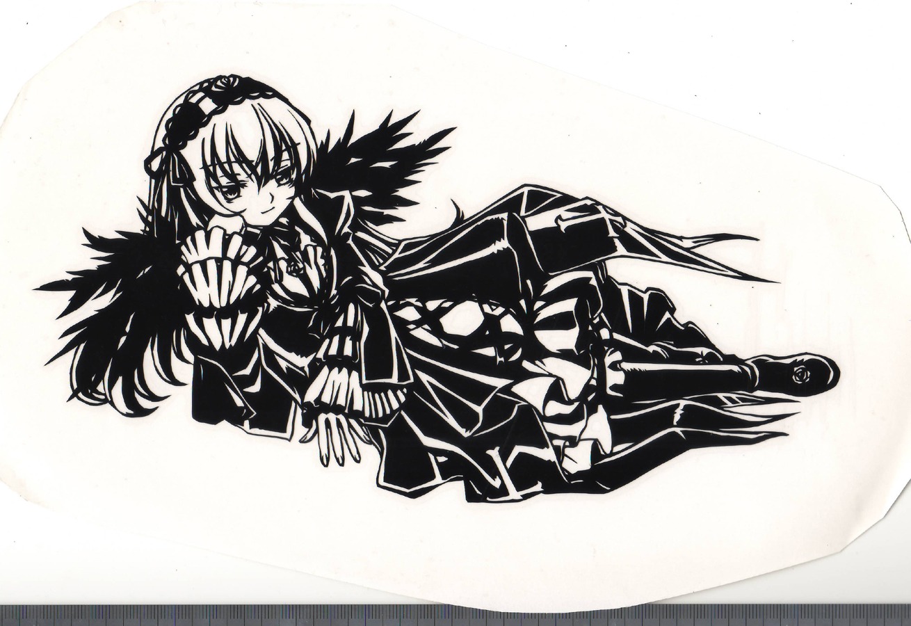 1girl dress frills full_body greyscale hairband image long_hair long_sleeves looking_at_viewer monochrome simple_background solo suigintou white_background wings