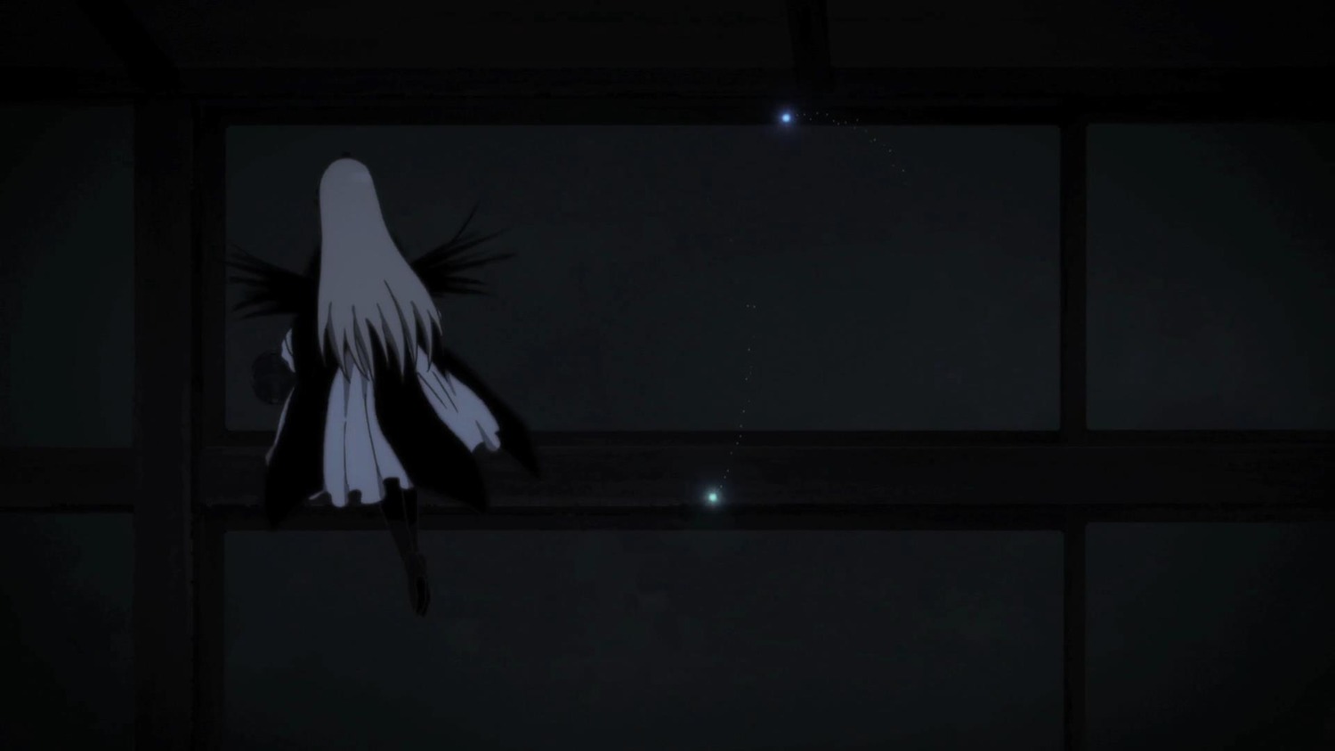 1girl angel_wings broom dark dress image indoors long_hair shadow solo standing suigintou white_wings wide_sleeves window wings