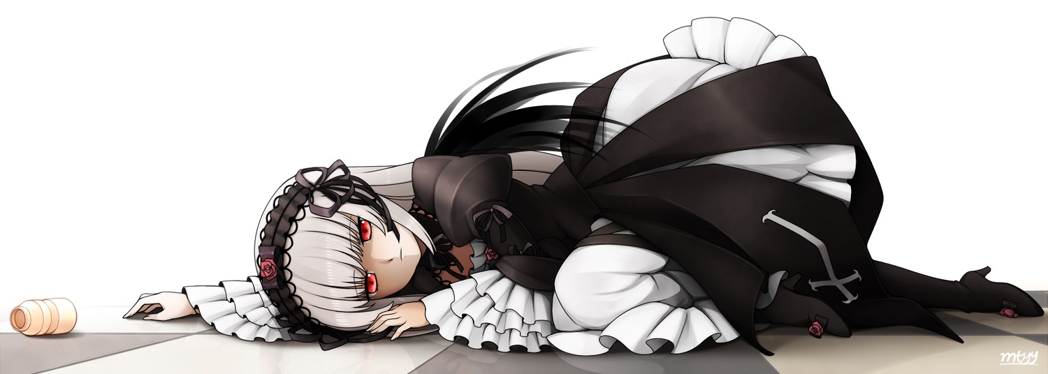 1girl dress frilled_sleeves frills full_body hairband image lolita_fashion long_hair long_sleeves looking_at_viewer on_side red_eyes rose silver_hair solo suigintou