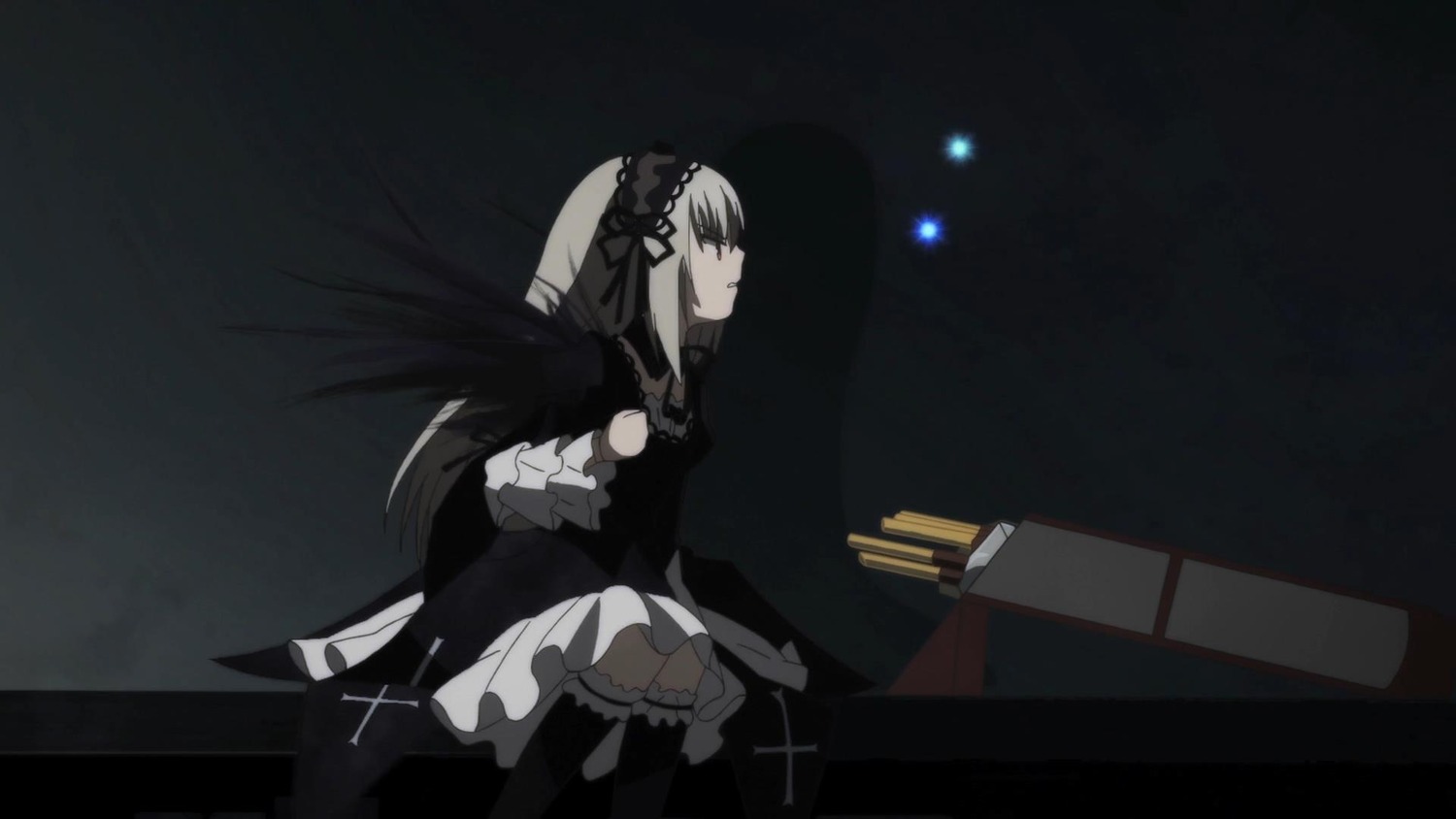 1girl closed_mouth dress frills hairband image long_hair long_sleeves ribbon rose sitting solo suigintou very_long_hair