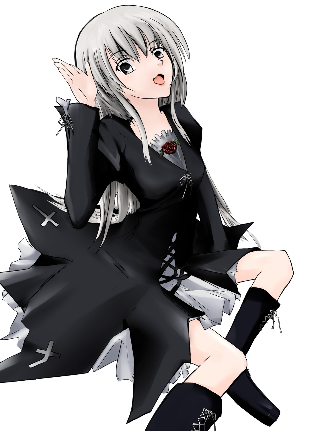 1girl :d black_dress black_footwear boots dress eyebrows_visible_through_hair grey_eyes image knee_boots long_hair long_sleeves looking_at_viewer open_mouth silver_hair smile solo suigintou white_background