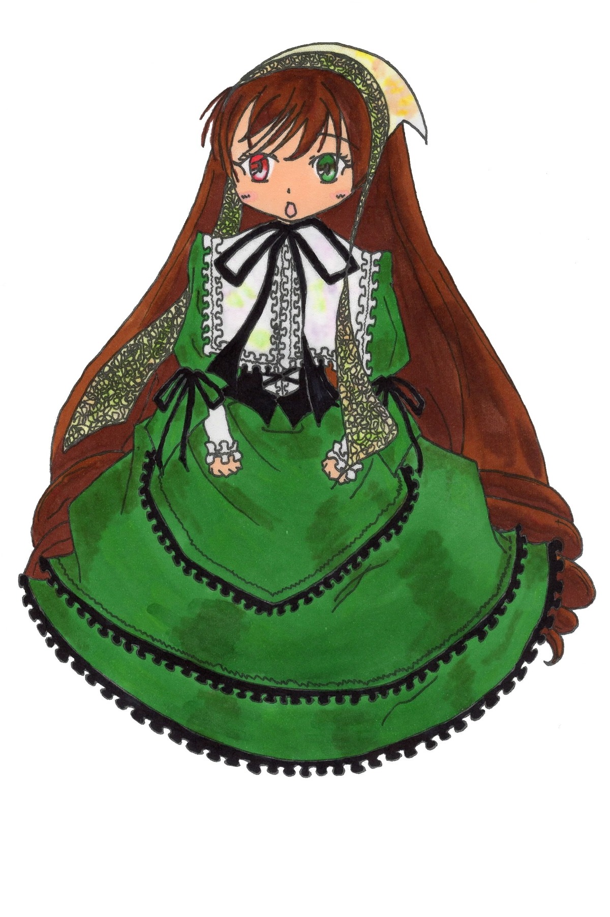 1girl auto_tagged brown_hair dress frills full_body green_dress green_eyes heterochromia image long_hair long_sleeves looking_at_viewer open_mouth red_eyes simple_background solo suiseiseki twintails very_long_hair white_background