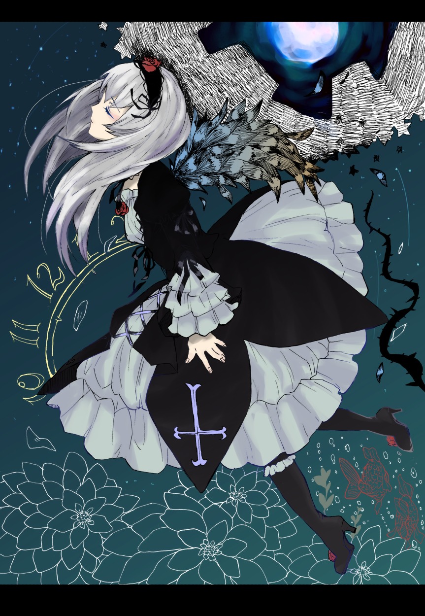 1girl black_dress boots closed_eyes dress flower frilled_sleeves frills gothic_lolita hairband high_heel_boots high_heels image lolita_fashion long_hair long_sleeves profile ribbon rose silver_hair solo suigintou wide_sleeves wings