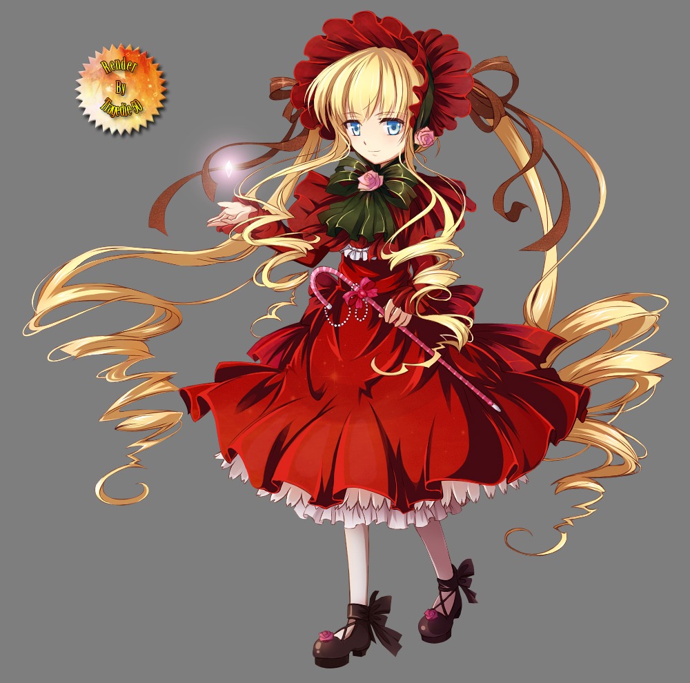 1girl blonde_hair blue_eyes bonnet bow bowtie capelet dress drill_hair flower full_body green_bow image long_hair long_sleeves looking_at_viewer pantyhose red_dress rose shinku shoes smile solo twin_drills twintails very_long_hair