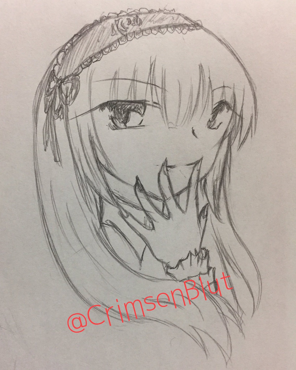 1girl akemi_homura face greyscale hairband image looking_at_viewer monochrome simple_background sketch smile solo suigintou traditional_media