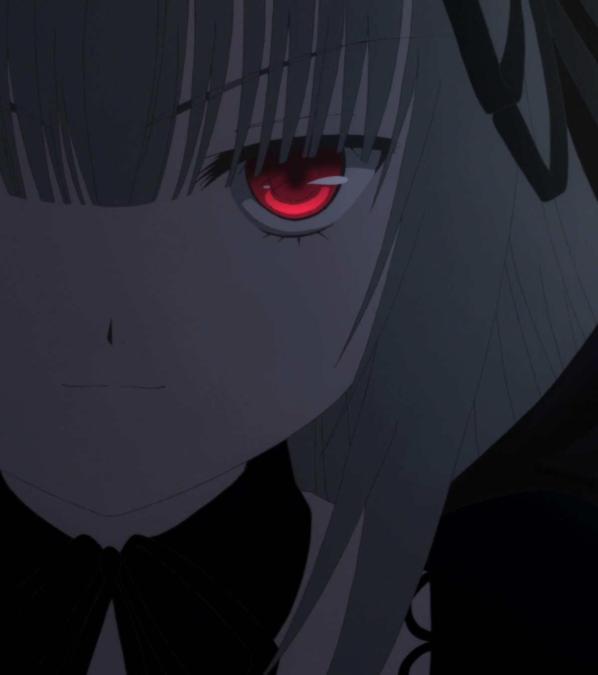 1girl bangs close-up hair_ribbon image looking_at_viewer red_eyes ribbon simple_background solo suigintou