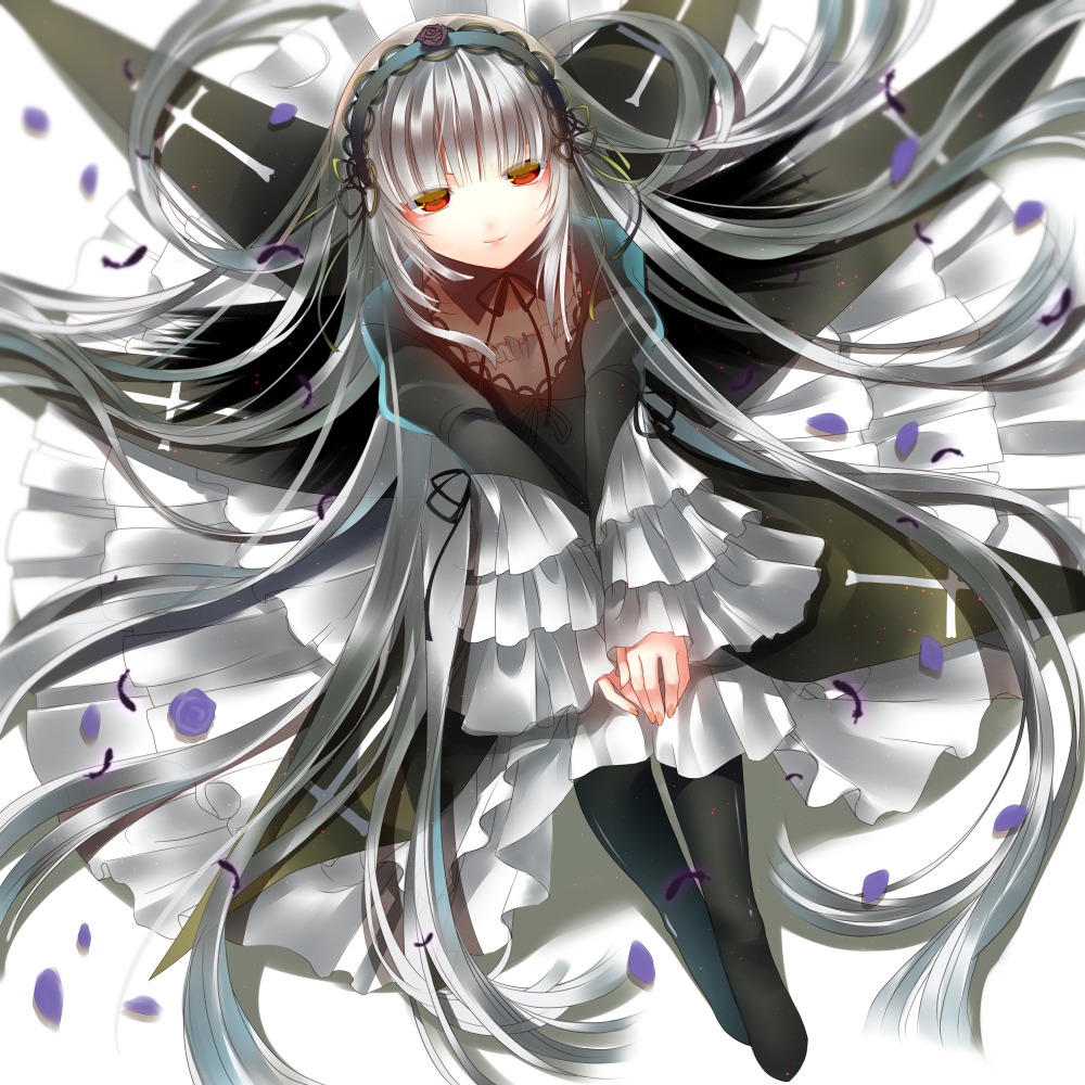 1girl absurdly_long_hair black_legwear dress flower frills hairband image long_hair long_sleeves looking_at_viewer petals red_eyes ribbon rose rose_petals silver_hair smile solo suigintou very_long_hair wide_sleeves