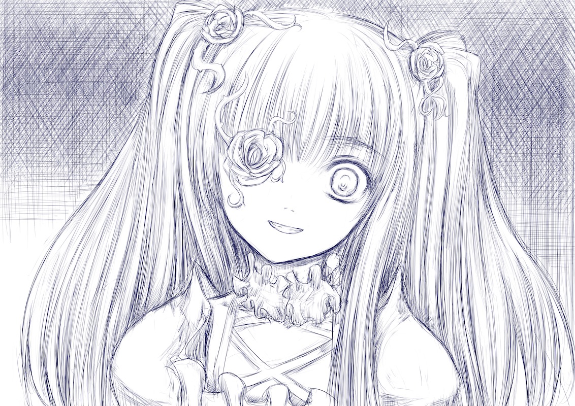 1girl flower hair_flower hair_ornament image kirakishou long_hair looking_at_viewer monochrome rose smile solo two_side_up