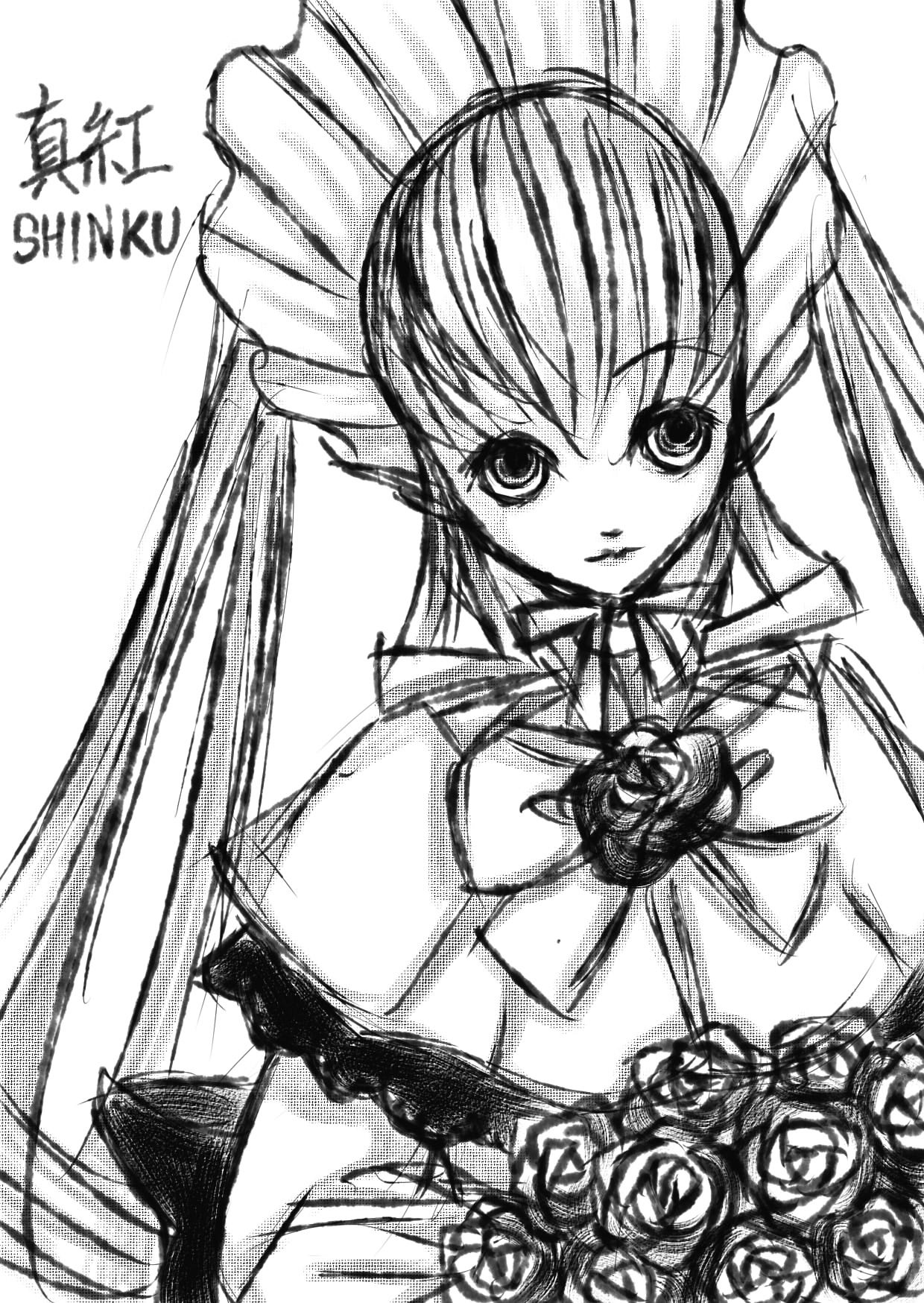 1girl bowtie dress flower greyscale image long_hair long_sleeves looking_at_viewer monochrome rose shinku simple_background solo white_background