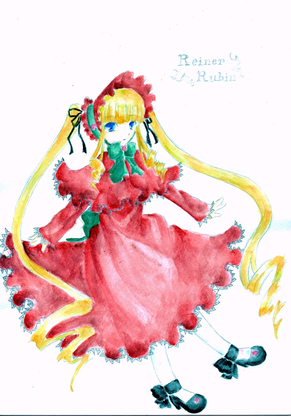 1girl blonde_hair blue_eyes bonnet bow bowtie dress drill_hair frills full_body image long_hair long_sleeves pantyhose red_dress shinku shoes solo standing striped twin_drills twintails very_long_hair white_legwear