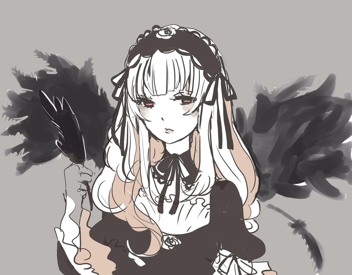 1girl bangs black_feathers black_wings detached_collar dress feathered_wings feathers frills gothic_lolita grey_background hairband image lolita_hairband long_hair long_sleeves looking_at_viewer ribbon rose simple_background solo suigintou upper_body wings