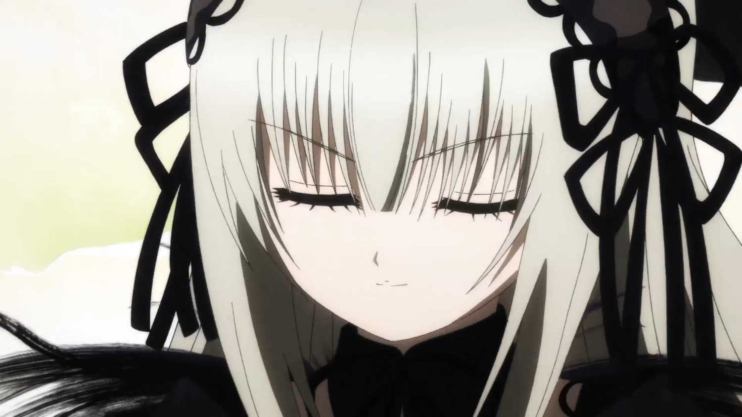 1girl bangs black_dress black_ribbon blush closed_eyes closed_mouth dress eyebrows_visible_through_hair hair_ribbon image long_hair ribbon silver_hair smile solo suigintou