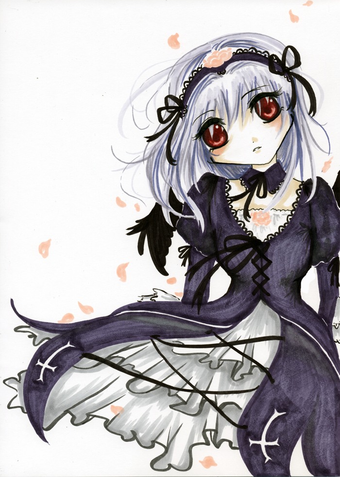 1girl black_dress black_ribbon black_wings detached_collar dress feathers flower frills hairband image juliet_sleeves long_sleeves looking_at_viewer petals puffy_sleeves red_eyes ribbon rose solo suigintou white_background wings