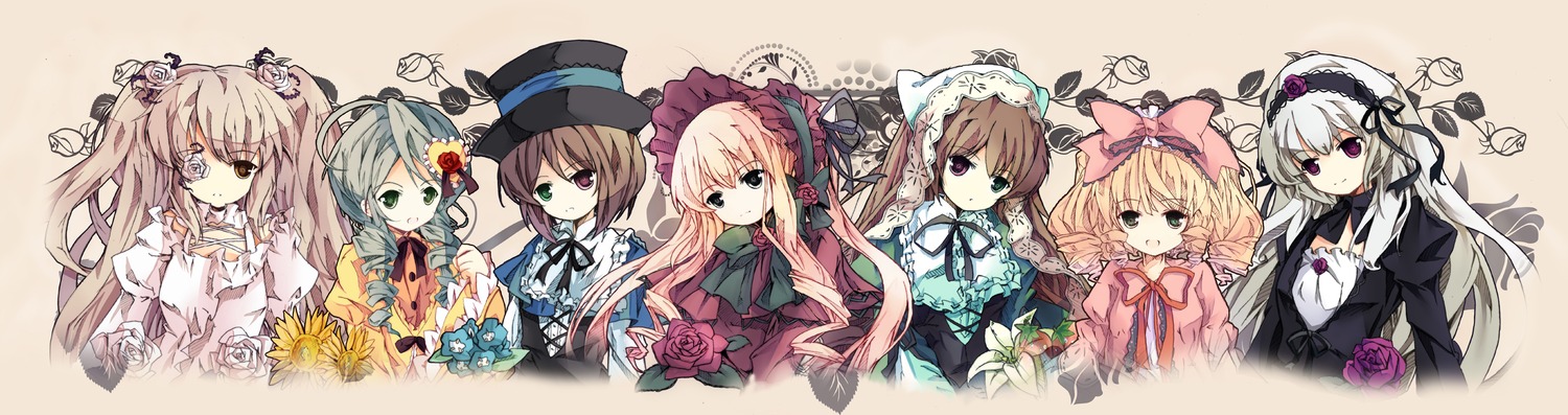 6+girls blonde_hair blue_eyes bow brown_hair dress eyepatch flower frills green_eyes hair_bow hairband hat hina_ichigo image kanaria long_hair multiple multiple_girls pink_bow pink_flower pink_rose purple_eyes red_dress rose shinku smile souseiseki suigintou suiseiseki tagme