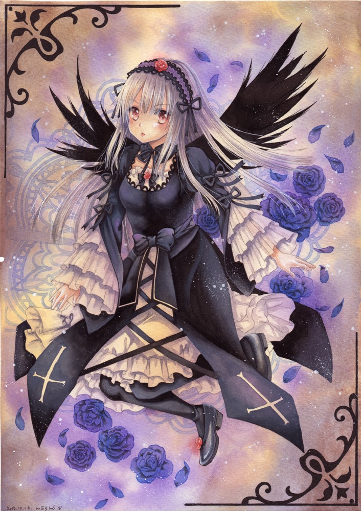 1girl black_dress black_footwear black_wings blue_flower blue_rose breasts dress feathers flower frilled_sleeves frills gothic_lolita hairband image lolita_fashion long_hair long_sleeves looking_at_viewer petals puffy_sleeves purple_flower purple_rose red_eyes ribbon rose rose_petals silver_hair solo suigintou traditional_media wings