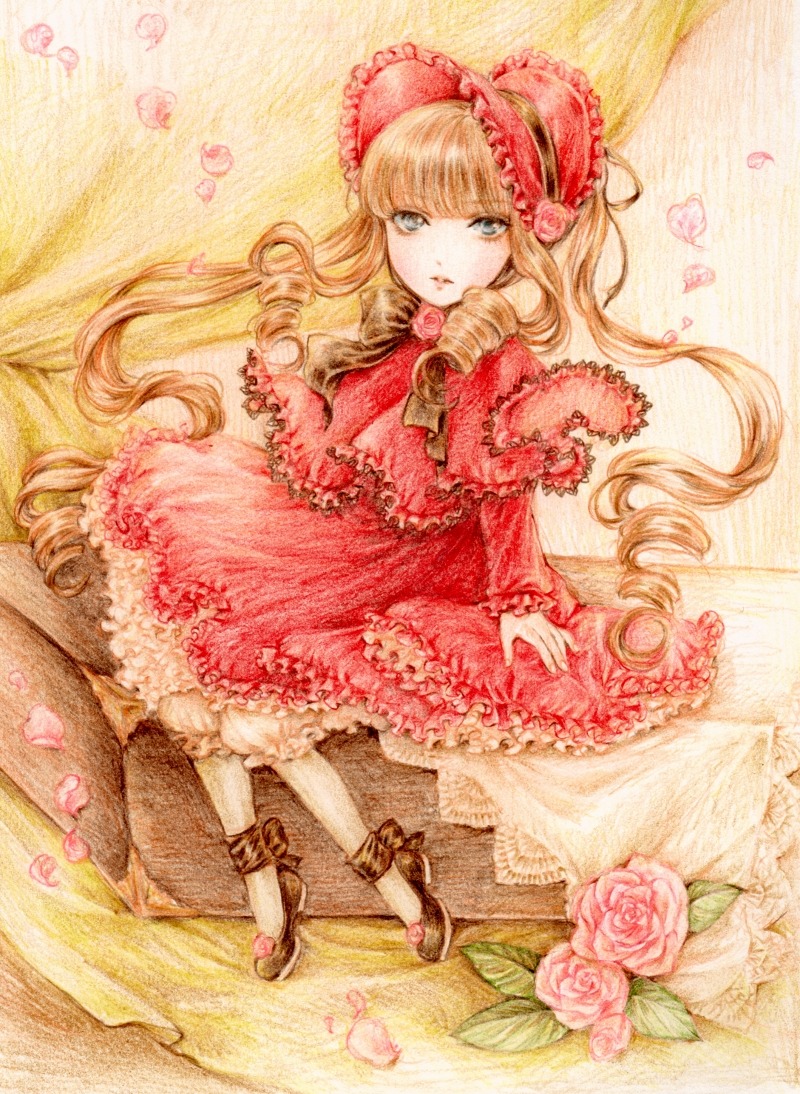 1girl blonde_hair blue_eyes bonnet bow dress drill_hair flower frills heart image lolita_fashion long_hair pantyhose petals pink_flower pink_rose red_flower red_rose rose rose_petals shinku solo traditional_media watercolor_(medium)