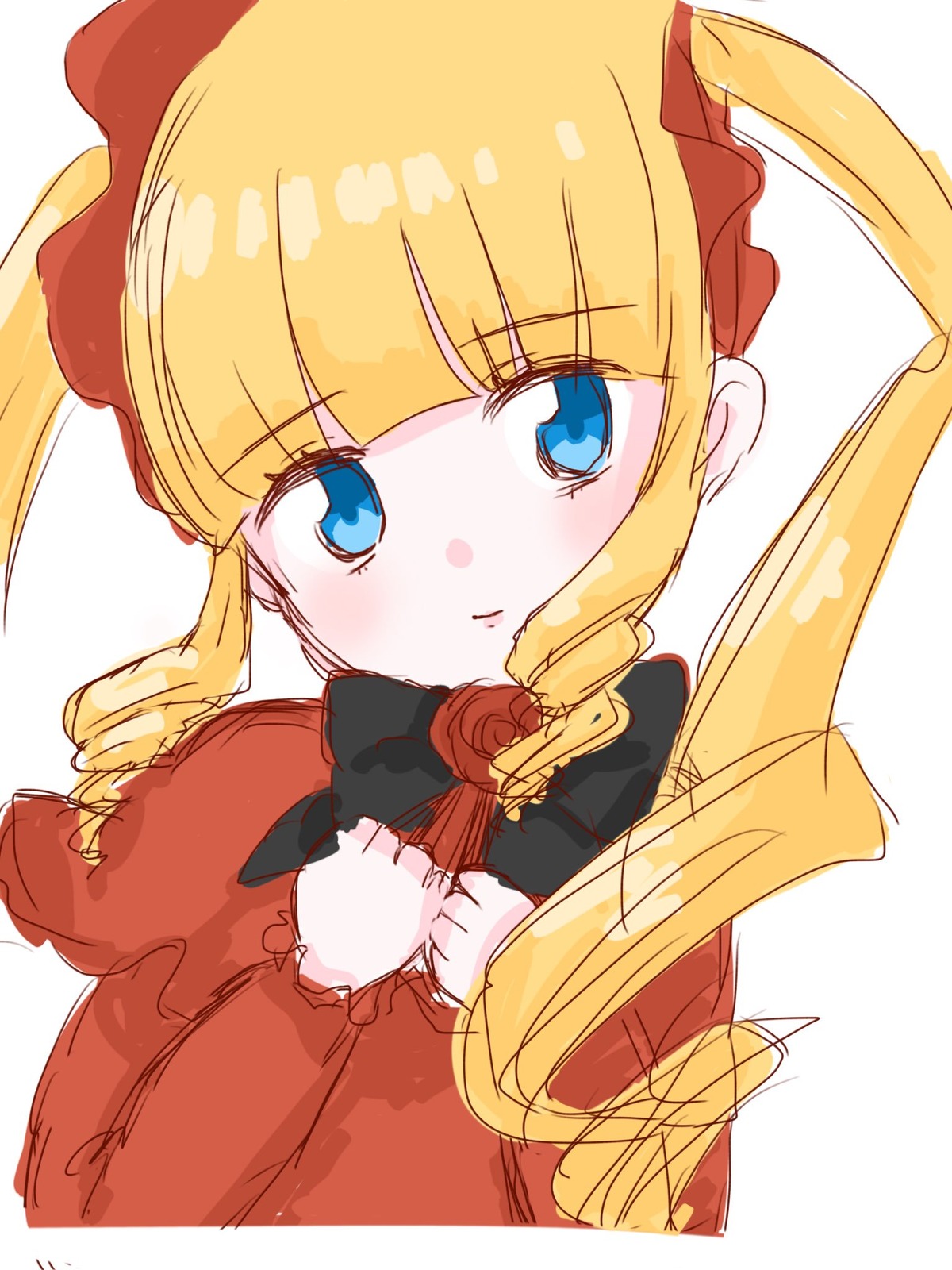 1girl bangs blonde_hair blue_eyes blush bow dress drill_hair eyebrows_visible_through_hair flower image long_hair long_sleeves looking_at_viewer rose shinku simple_background solo striped twin_drills twintails upper_body white_background