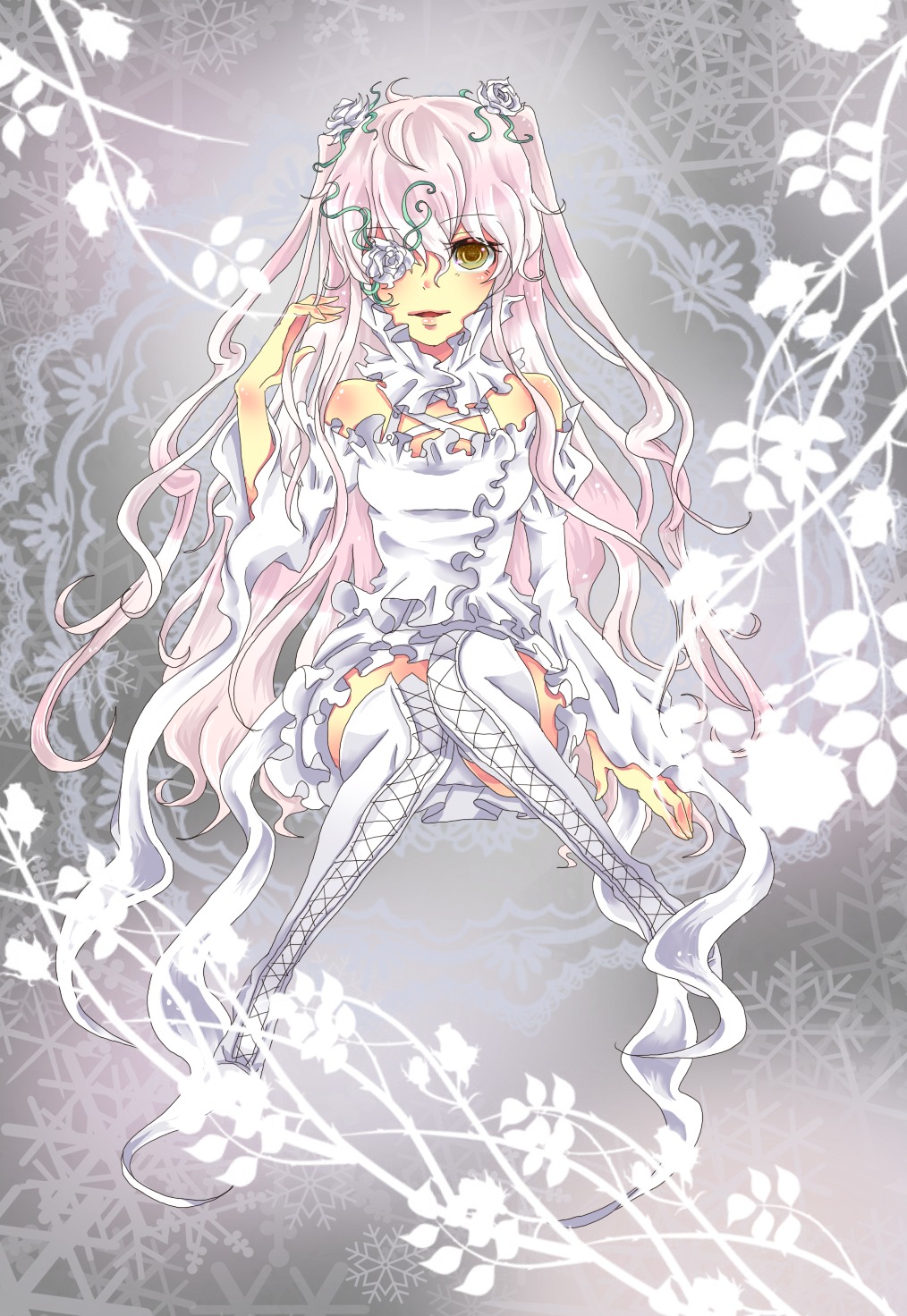 1girl bare_shoulders boots cross-laced_footwear dress eyepatch flower frills image kirakishou long_hair pink_hair rose sitting solo thigh_boots thighhighs very_long_hair white_footwear yellow_eyes