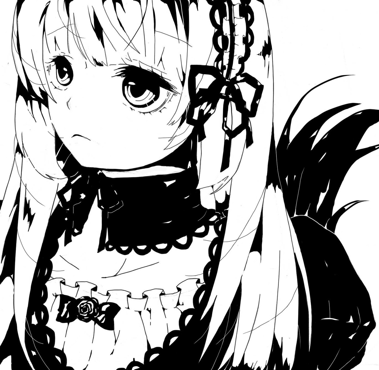 1girl chain choker closed_mouth collar dress flower greyscale image looking_at_viewer monochrome ribbon rose short_hair simple_background solo suigintou upper_body white_background wings