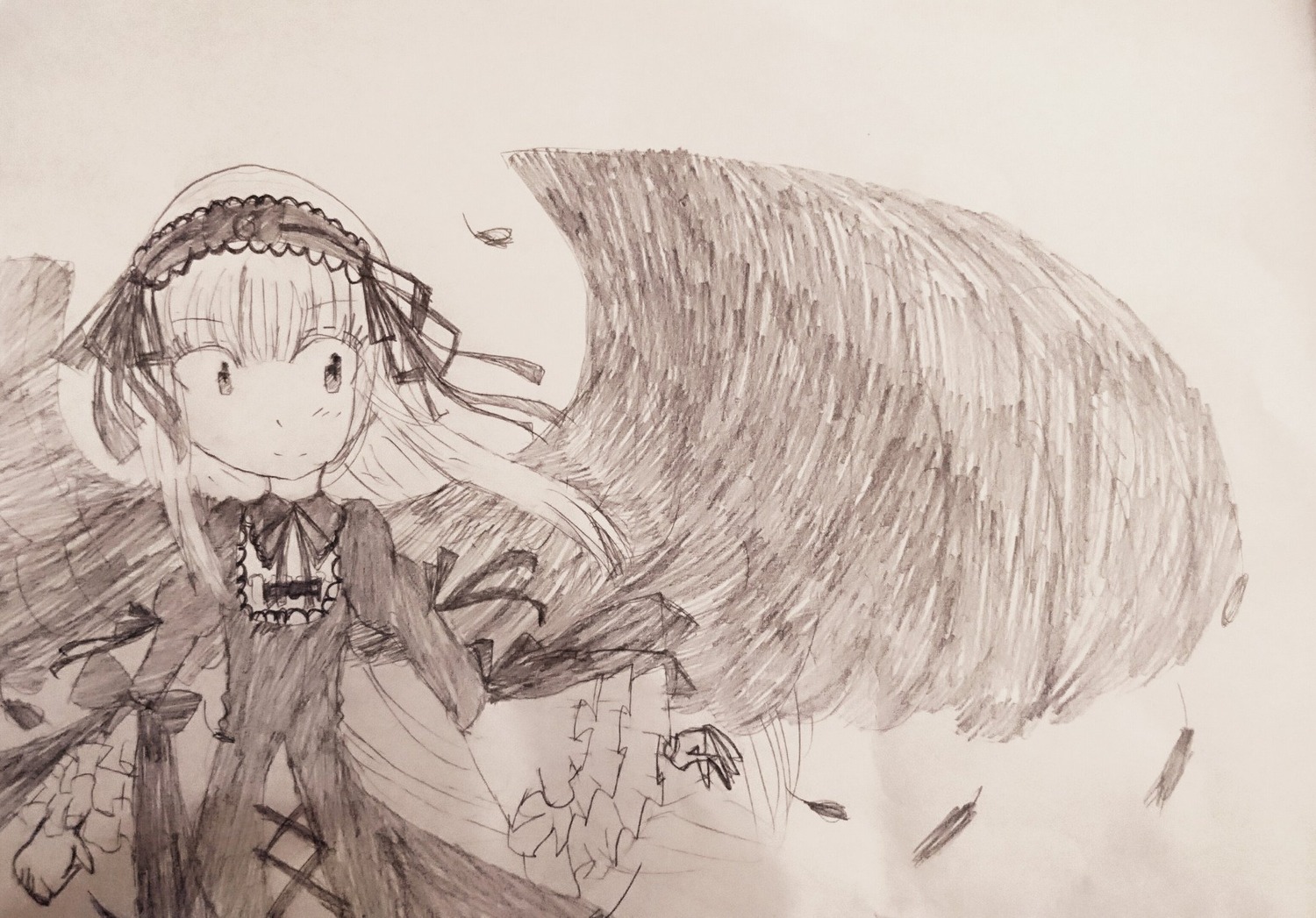 1girl bangs closed_mouth dress feathered_wings feathers frills greyscale hairband image long_hair long_sleeves looking_at_viewer monochrome ribbon smile solo suigintou traditional_media upper_body very_long_hair wide_sleeves wings