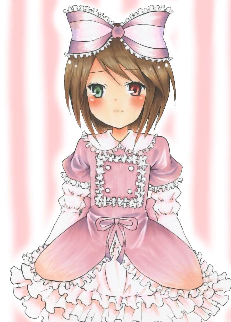 1girl blush bow brown_hair dress frilled_dress frills green_eyes hair_bow heterochromia image lolita_fashion long_sleeves looking_at_viewer pink_bow pink_dress puffy_sleeves ribbon short_hair solo souseiseki standing striped striped_background tears underwear