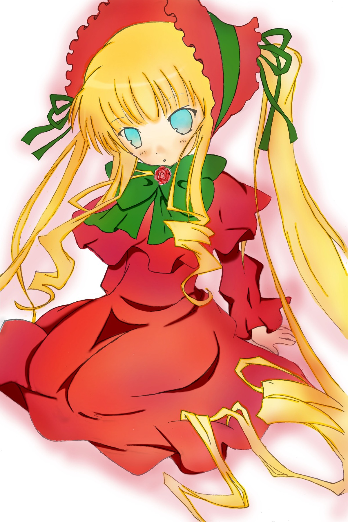 1girl blonde_hair blue_eyes bonnet bow bowtie dress flower full_body green_bow image long_hair long_sleeves looking_at_viewer red_dress shinku sidelocks simple_background sitting solo twintails very_long_hair white_background