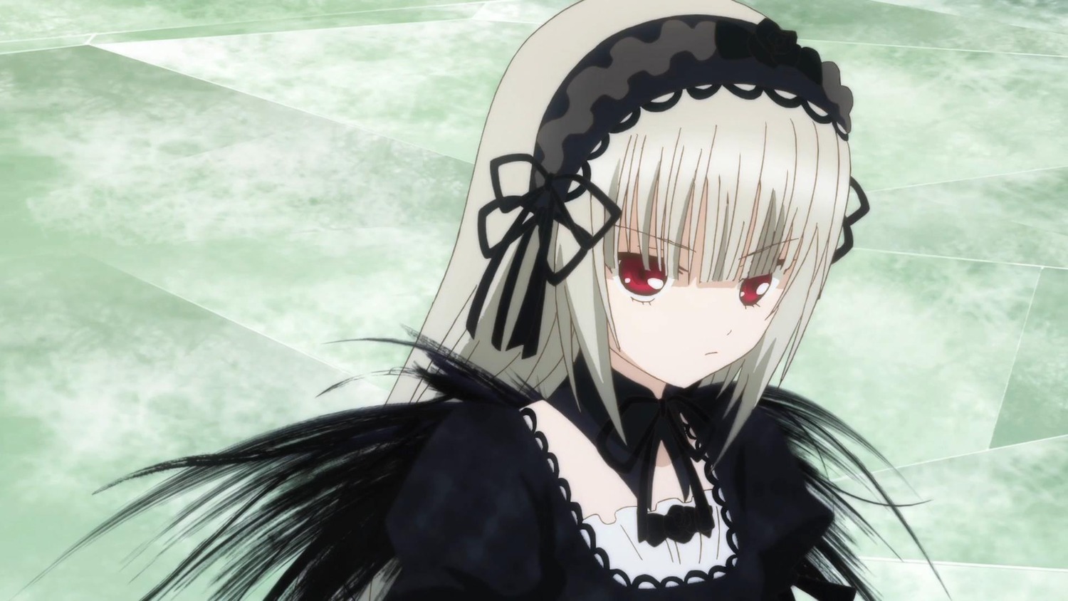 1girl bangs black_dress black_ribbon black_wings closed_mouth detached_collar dress frills hairband image juliet_sleeves long_hair long_sleeves looking_at_viewer red_eyes ribbon silver_hair solo suigintou upper_body wings