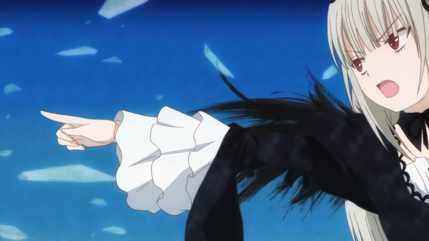 1girl black_wings dress feathers frills hairband image long_hair long_sleeves open_mouth outstretched_arm pointing red_eyes ribbon silver_hair sky solo suigintou upper_body