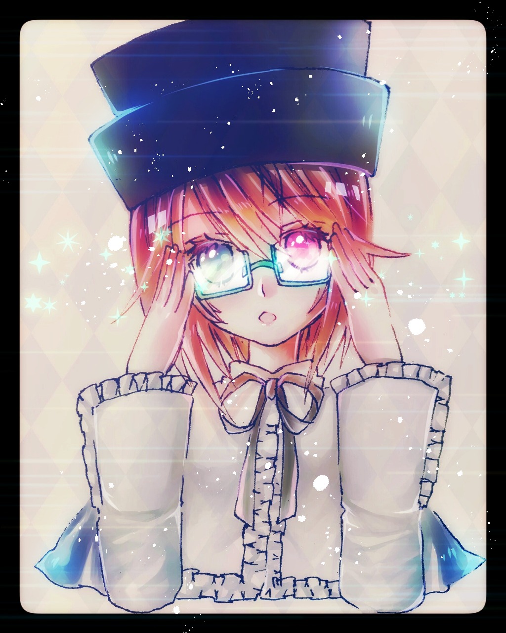 1girl adjusting_eyewear bespectacled black_border border eyebrows_visible_through_hair glasses hat image letterboxed long_sleeves looking_at_viewer multicolored_eyes short_hair solo souseiseki sparkle upper_body