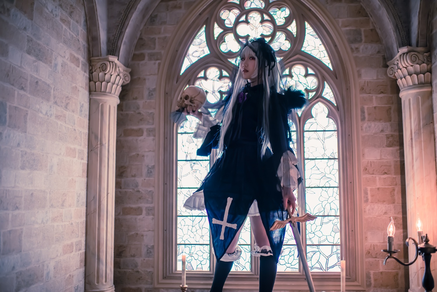 1girl dress holding indoors long_hair solo stained_glass standing suigintou