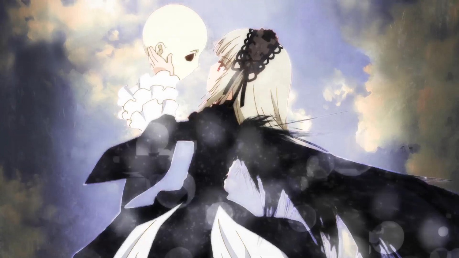 1girl bangs black_ribbon black_wings closed_mouth cloud cloudy_sky dress eyebrows_visible_through_hair frilled_sleeves frills hairband image long_hair long_sleeves outdoors profile red_eyes ribbon silver_hair sky solo suigintou very_long_hair wide_sleeves wings