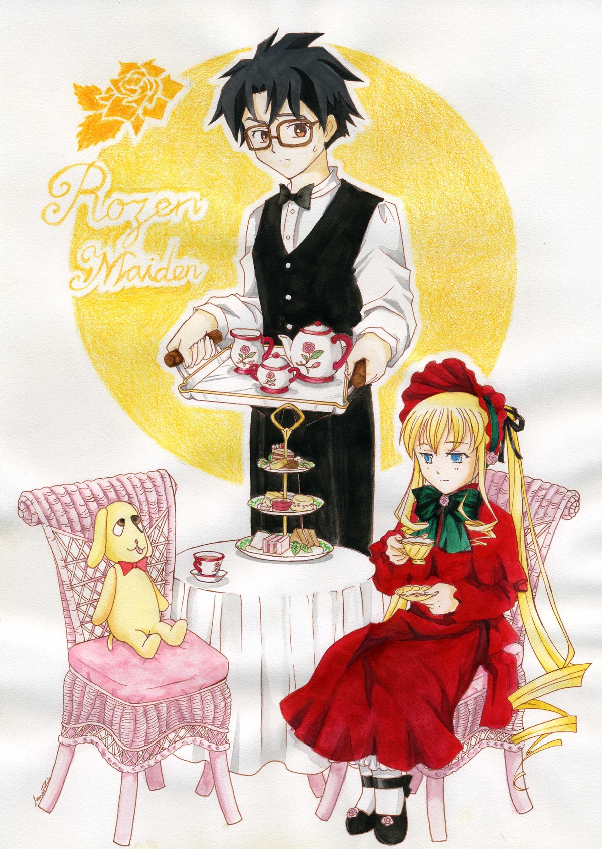 1boy 1girl black_hair blonde_hair blue_eyes bonnet bow bowtie cake cup dress food glasses green_bow green_neckwear image long_hair long_sleeves looking_at_viewer plate shinku sitting solo standing table teacup