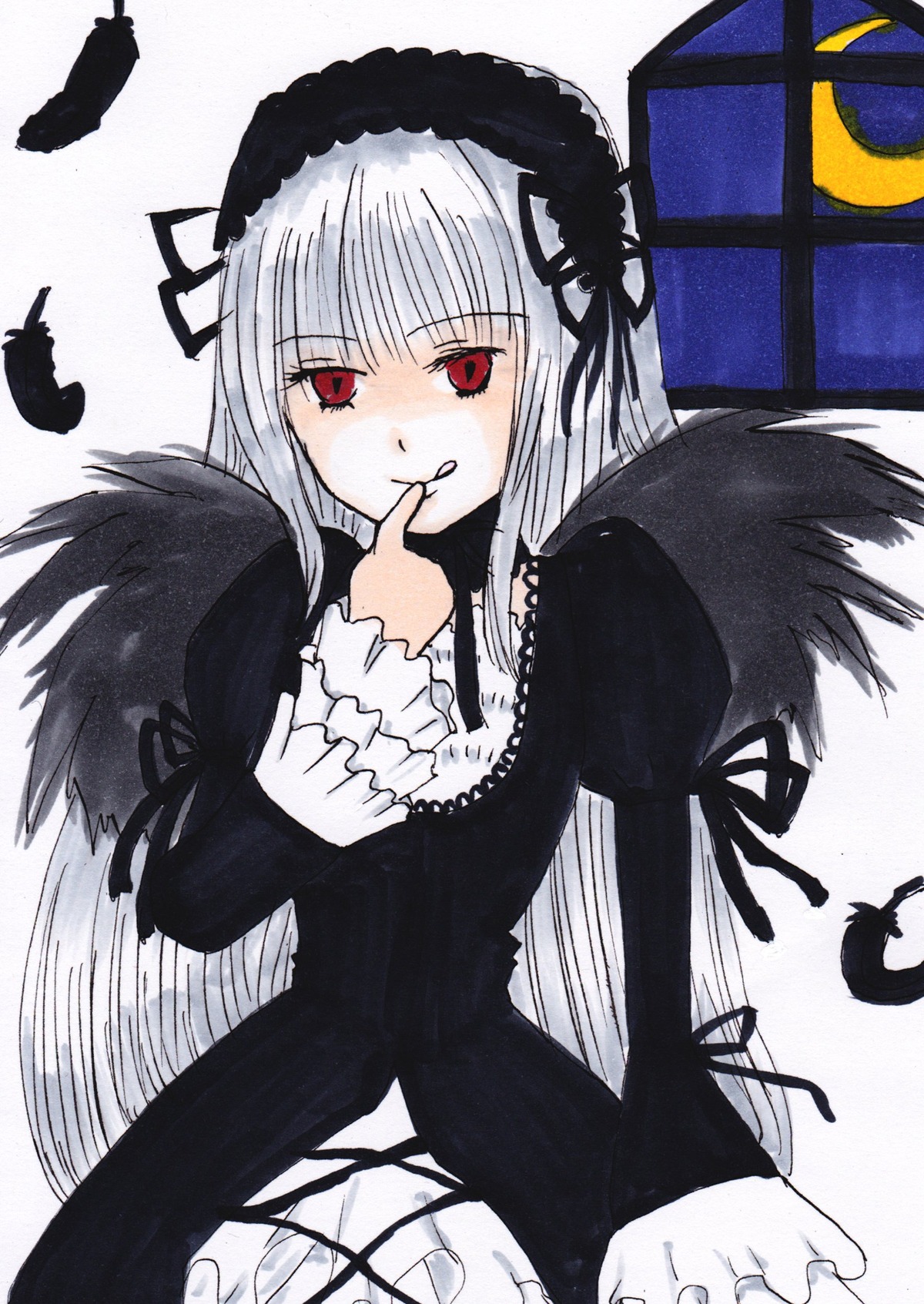 1girl black_ribbon black_wings dress feathers finger_to_mouth frills hairband image long_hair long_sleeves looking_at_viewer red_eyes rose silver_hair simple_background solo suigintou very_long_hair white_background wings